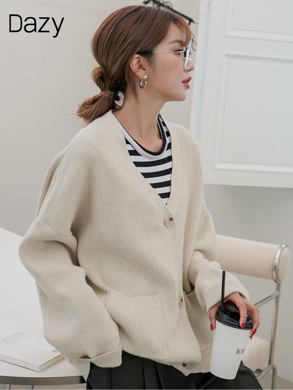 Women's Cream Button-Up V-Neck Cardigan Sweater - Picture 2 of 2